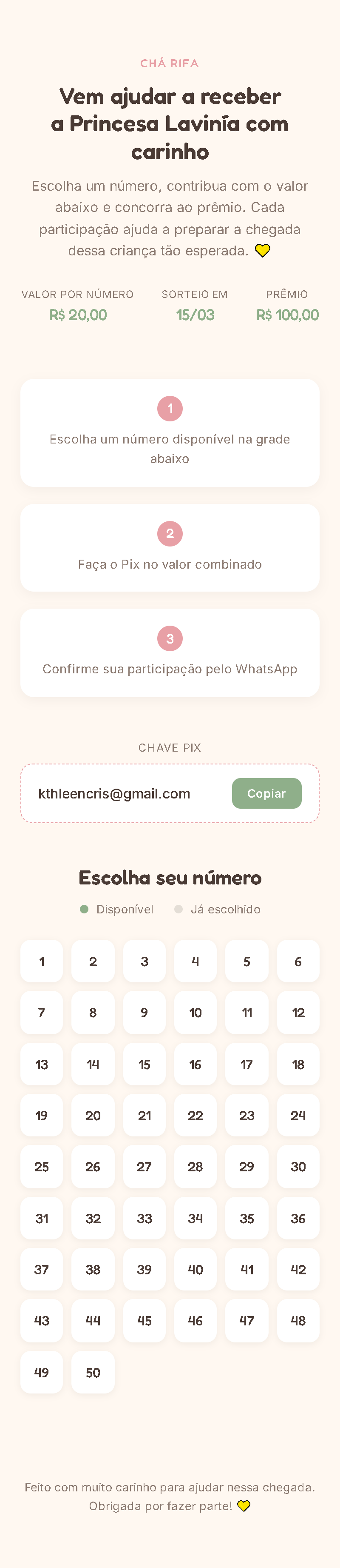 Captura de tela do site de sorteio de chá de bebê